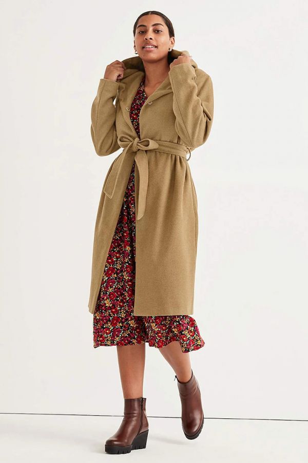 Μακρύ παλτό με κουκούλα σε καμηλό χρώμα