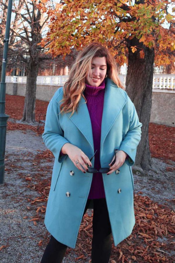 Παλτό με μεγάλο γιακά και τσέπες σε πετρόλ χρώμα
