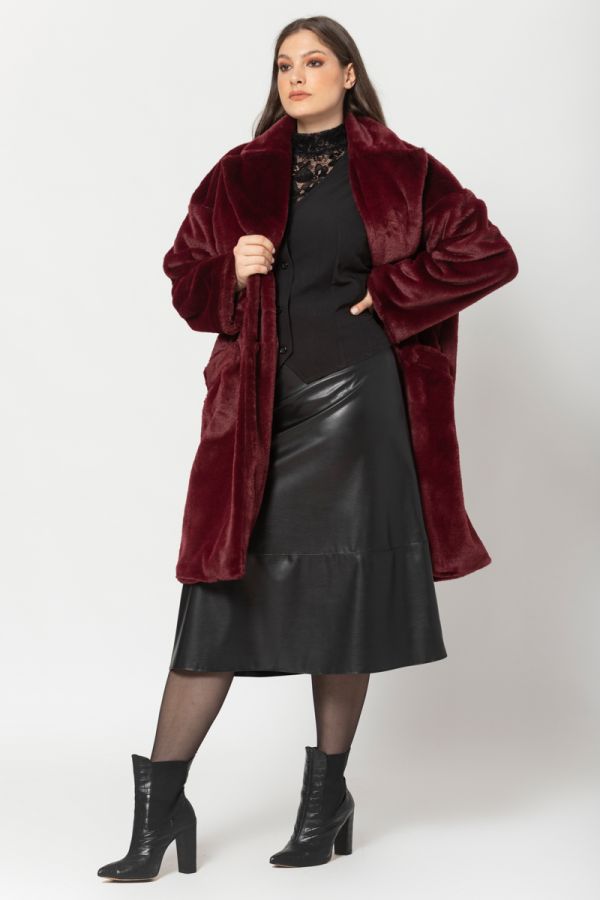 Γούνινο παλτό με γιακά και κουμπιά σε μπορντώ χρώμα 1xl 2xl 3xl 4xl 5xl 6xl