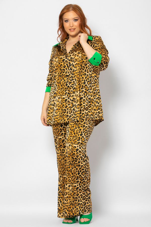 Σατέν leopard παντελόνα με λάστιχο σε πράσινο χρώμα