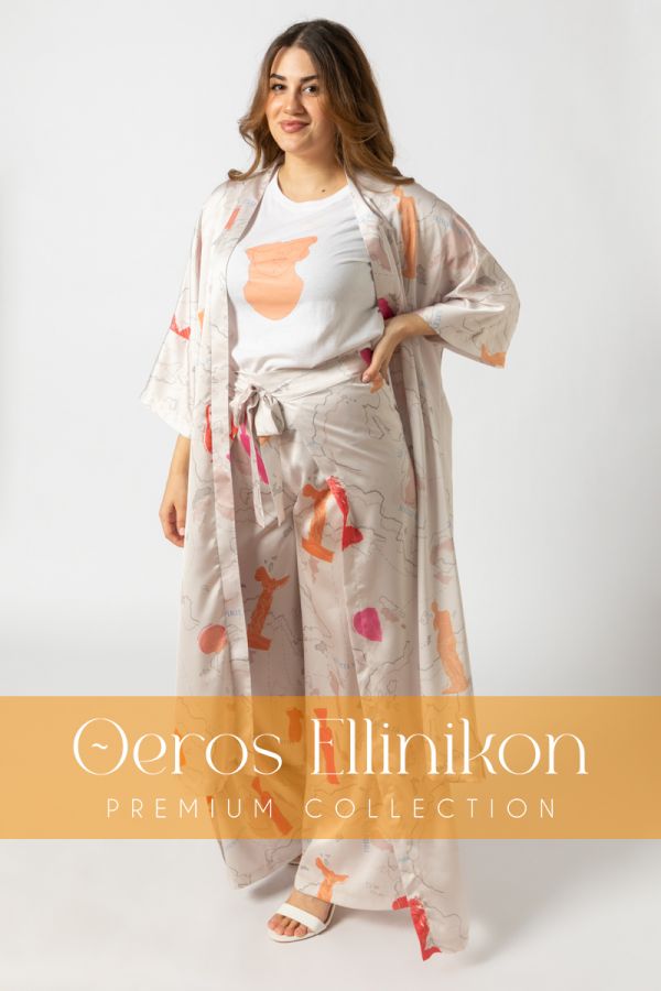 Σατέν παντελόνα -Θeros Εllinikon- σε εκρού χρώμα | Premium Collection