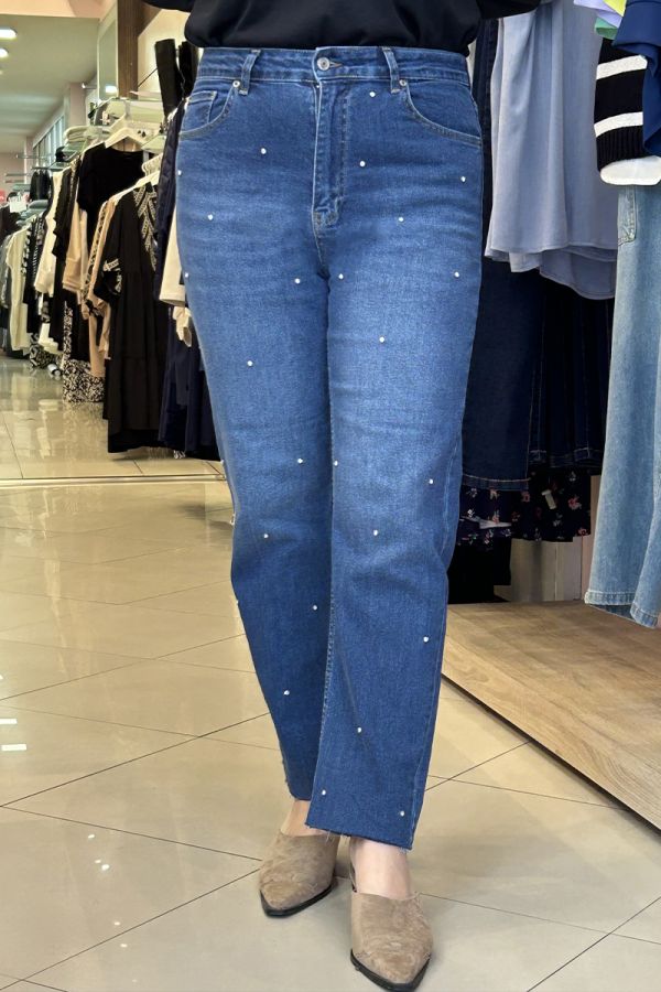 Jean παντελόνι με στρας σε dark denim blue χρώμα