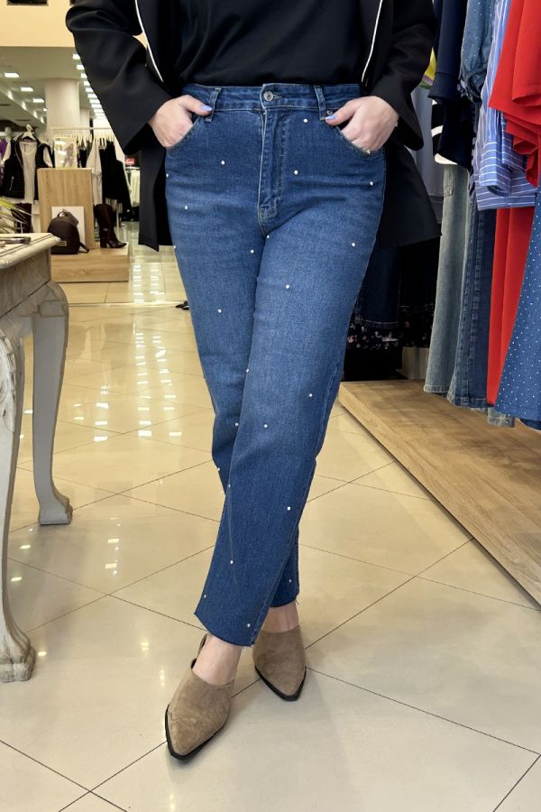 Jean παντελόνι με στρας σε dark denim blue χρώμα