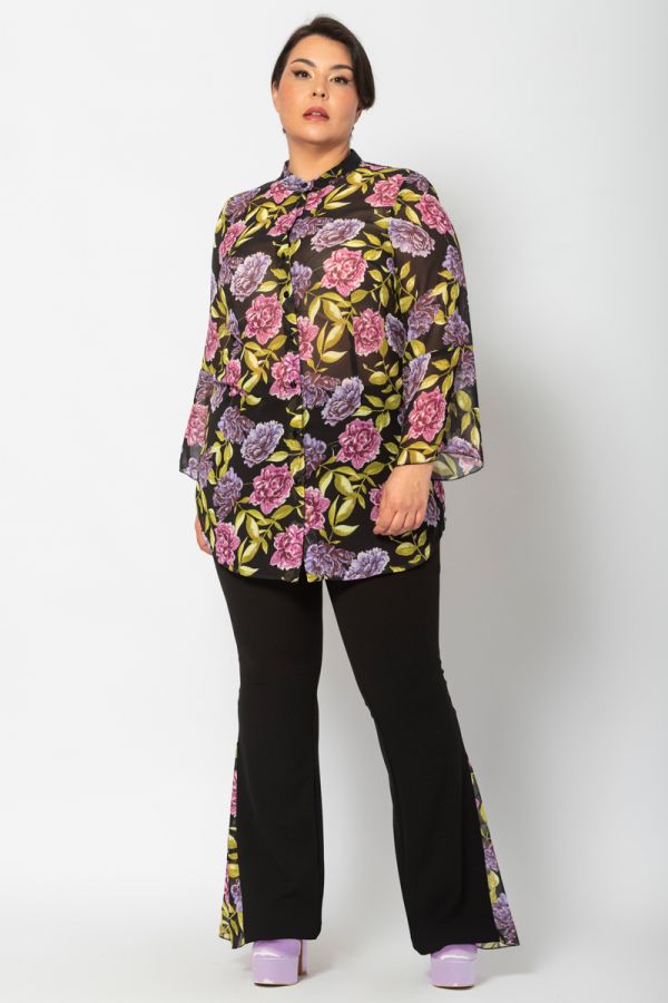 Καμπάνα παντελόνι με floral διαφάνεια σε μαύρο/λιλά χρώμα 1xl 2xl 3xl 4xl 5xl 