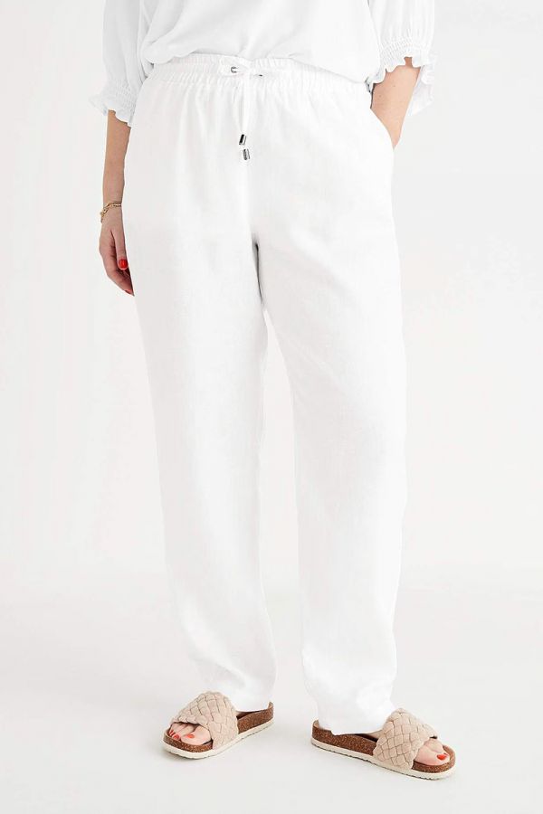 Λινό παντελόνι με λάστιχο στη μέση σε λευκό χρώμα 
