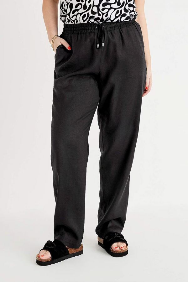 Λινό παντελόνι με λάστιχο στη μέση σε μαύρο χρώμα  1xl 2xl 3xl 4xl 5xl 