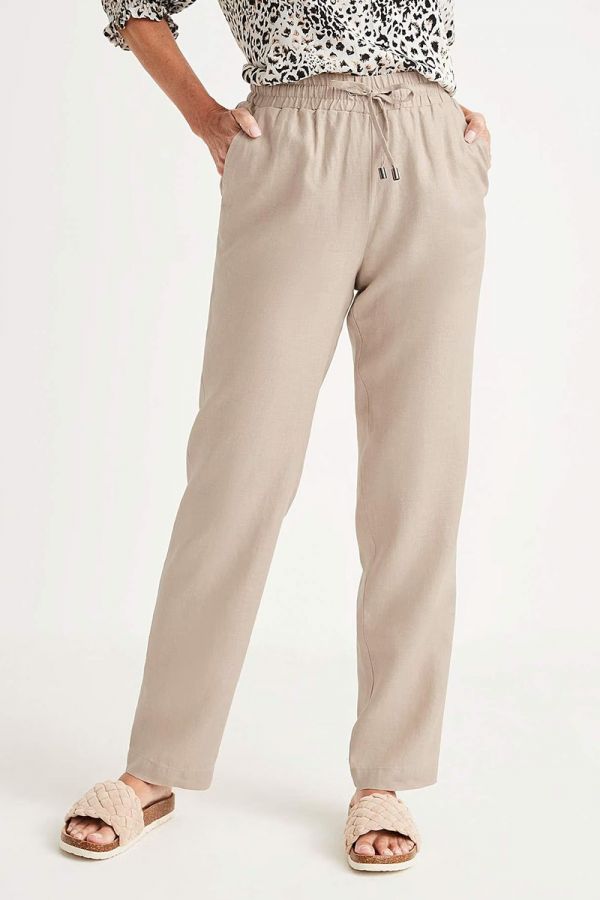 Λινό παντελόνι με λάστιχο στη μέση σε μπεζ χρώμα 