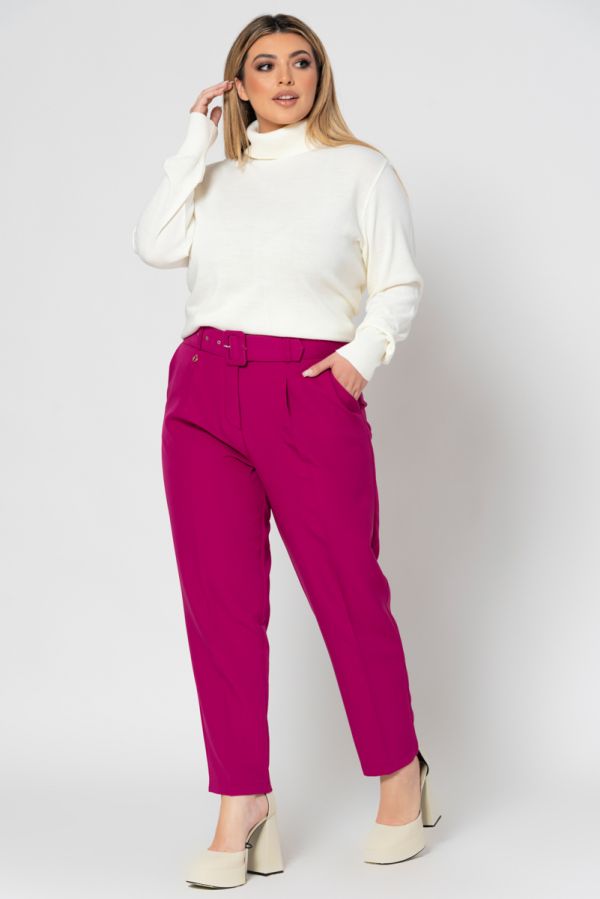 Παντελόνι ψηλόμεσο με ζώνη και πιέτες σε magenta χρώμα