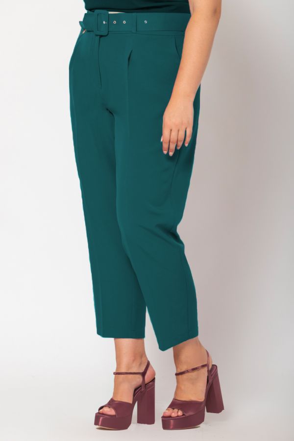 Παντελόνι ψηλόμεσο με ζώνη και πιέτες σε πράσινο χρώμα
