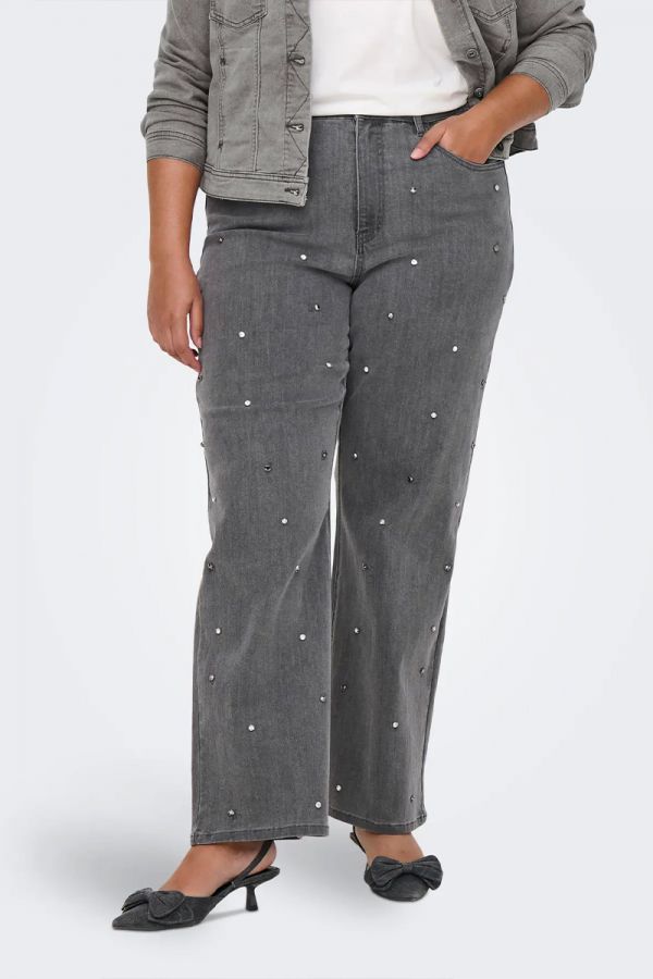 Wide fit jean με στρας σε denim grey χρώμα