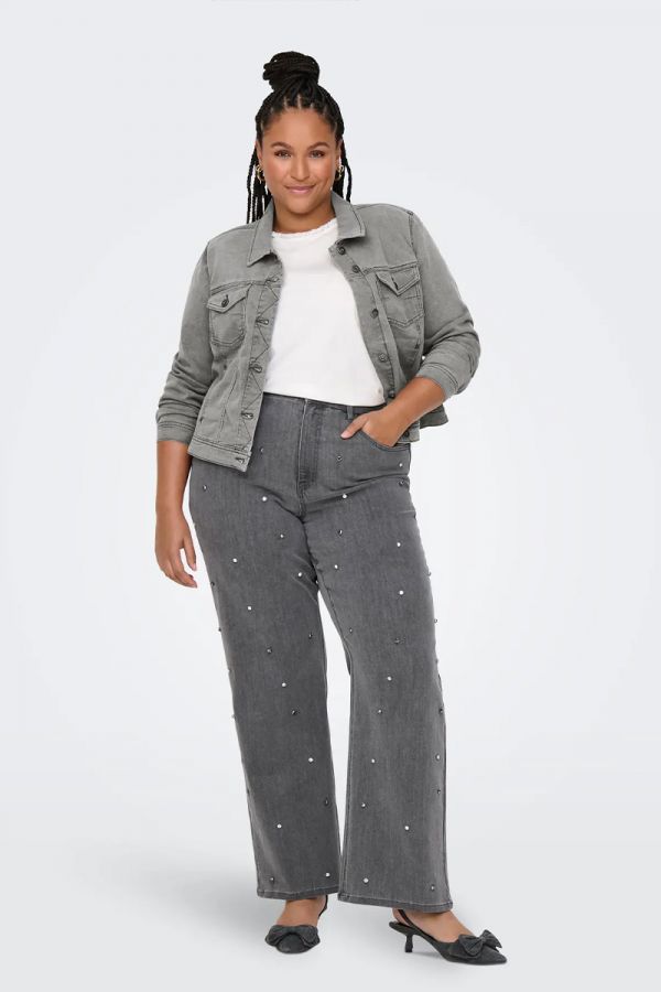 Wide fit jean με στρας σε denim grey χρώμα