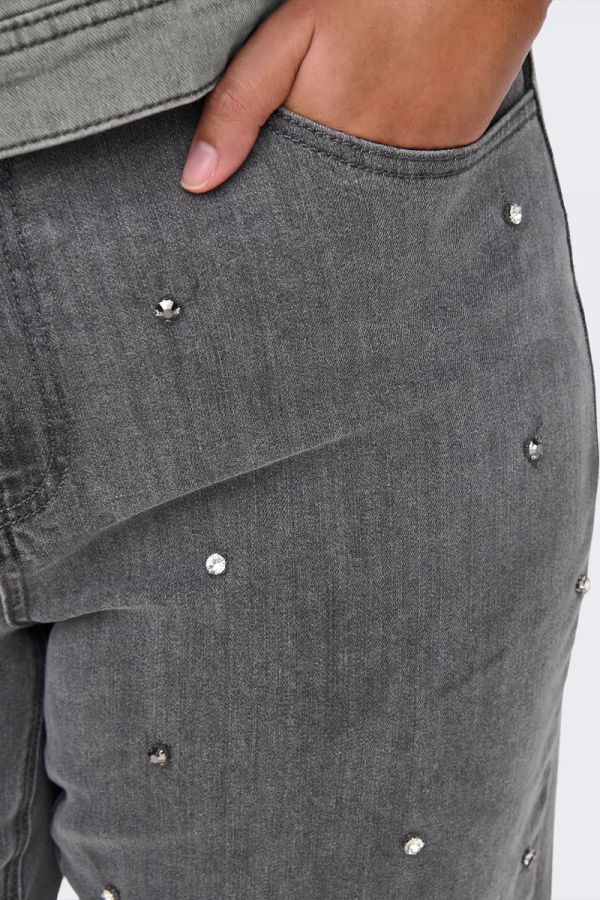 Wide fit jean με στρας σε denim grey χρώμα