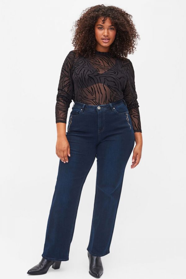 Τζιν ψηλόμεσο με φερμουάρ σε dark blue denim χρώμα