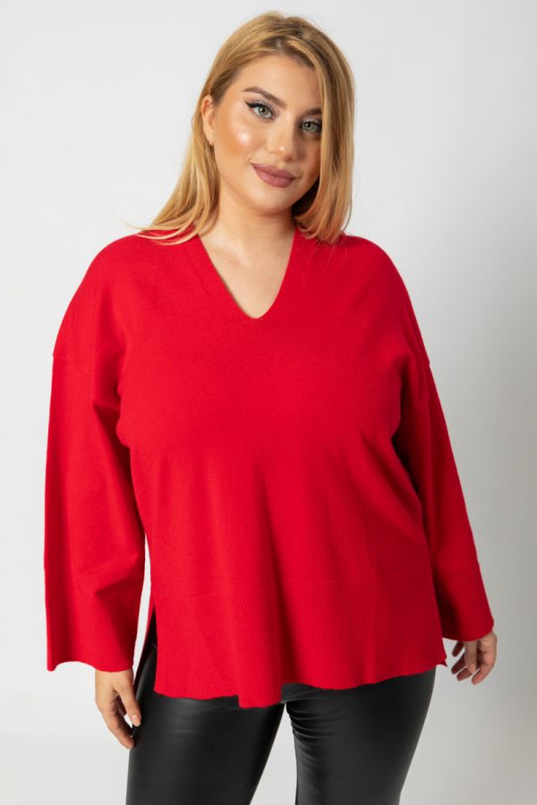 Πλεκτή extra soft μπλούζα με φαρδιά μανίκια σε κόκκινο χρώμα