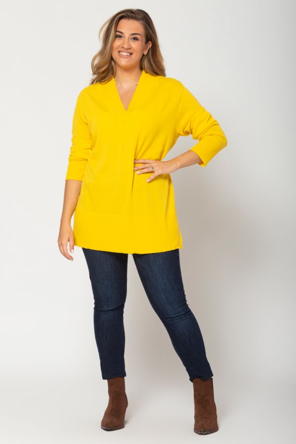Πλεκτή μπλούζα με ριμπ τελειώματα σε κίτρινο  χρώμα 1xl,2xl,3xl,4xl,5xl,6xl