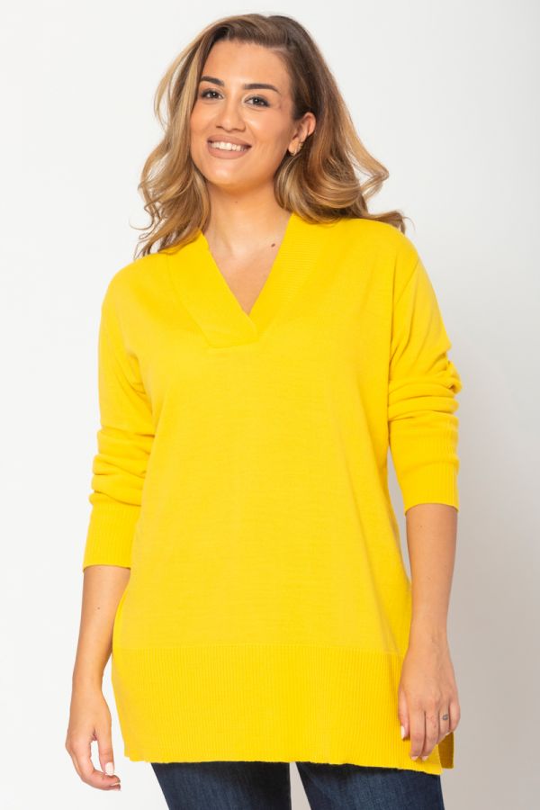 Πλεκτή μπλούζα με ριμπ τελειώματα σε κίτρινο  χρώμα 1xl,2xl,3xl,4xl,5xl,6xl