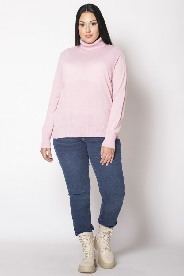 Πλεκτή μπλούζα με ριπ τελειώματα και ψηλό λαιμό σε ροζ χρώμα 