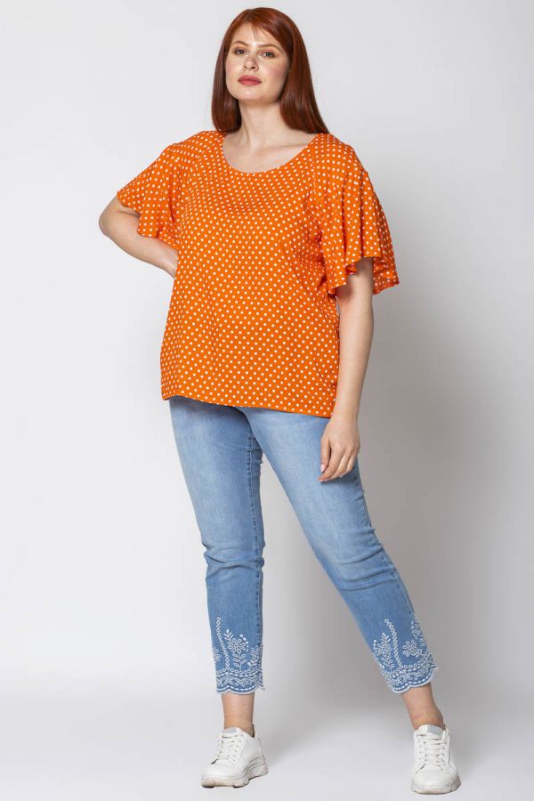 Πουά μπλούζα με ρεγκλάν σε πορτοκαλί χρώμα