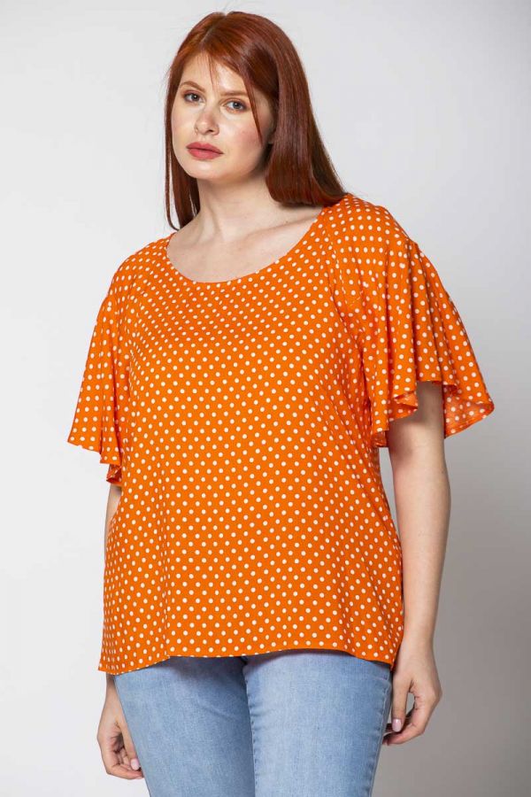 Πουά μπλούζα με ρεγκλάν σε πορτοκαλί χρώμα