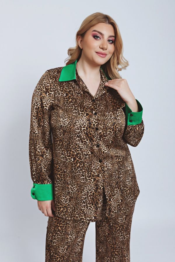 Σατέν leopard πουκάμισο σε μαύρο/καφέ χρώμα 