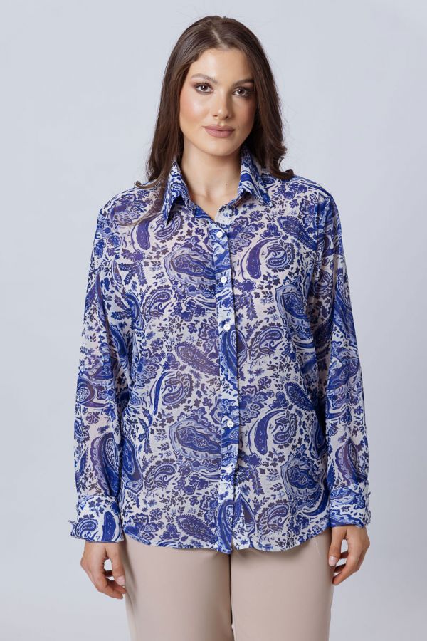 Ημιδιάφανο πουκάμισο με print σε λευκό/μπλε χρώμα
