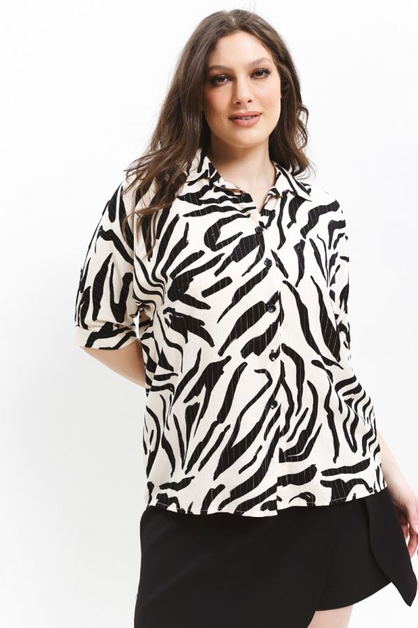 Πουκάμισο με animal print και λούρεξ σε μπεζ/μαύρο χρώμα