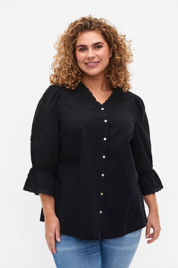  Βαμβακερό πουκάμισο με διάτρητες λεπτομέρειες σε μαύρο χρώμα