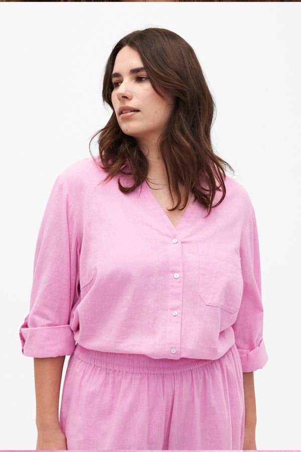 Λινό πουκάμισο με τσέπη σε ροζ χρώμα