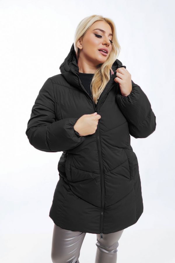 Puffer μακρύ μπουφάν με κουκούλα σε μαύρο χρώμα