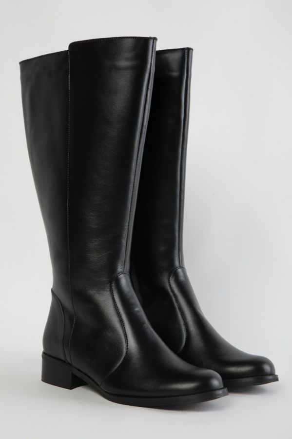 Real leather μαύρη μπότες με στρόγγυλη μύτη και φαρδιά γάμπα