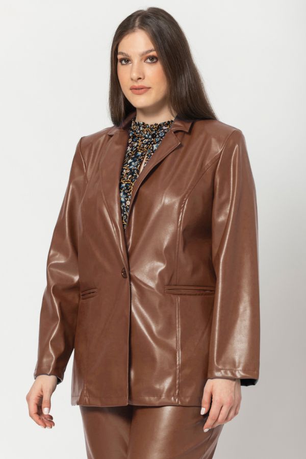 Σακάκι leather-like με τσέπες σε σοκολά χρώμα 1xl,2xl,3xl,4xl,5xl