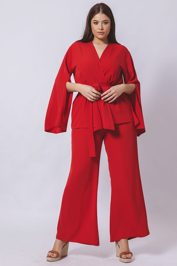 Σακάκι τύπου κιμονό και παντελόνα σε κόκκινο χρώμα