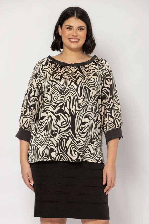 Σατέν μπλούζα με στρογγυλή λαιμόκοψη σε μαύρο/εκρού χρώμα 1xl 2xl 3xl 4xl 5xl 