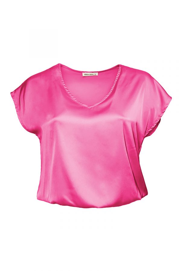 Σατέν μπλούζα με λάστιχο κάτω σε ροζ χρώμα