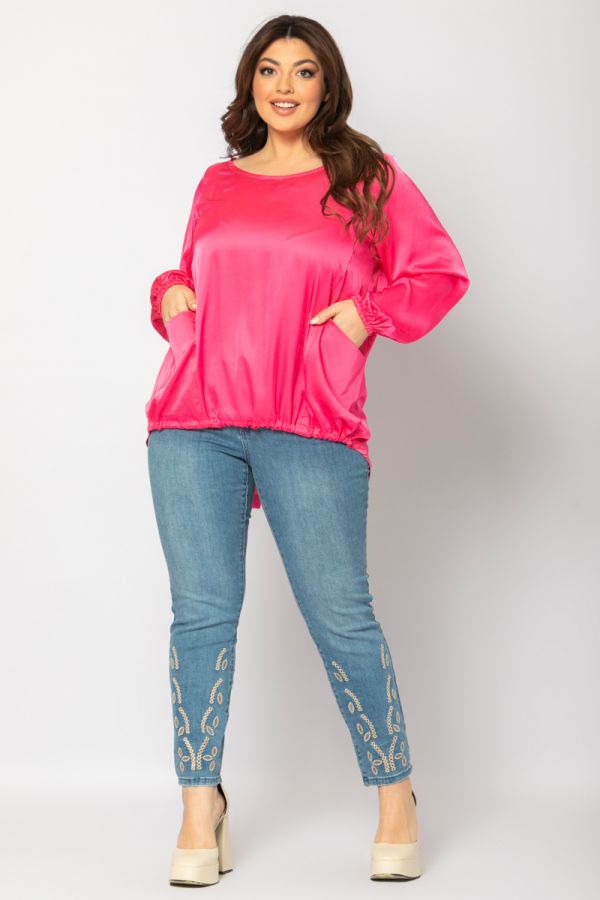 Σατέν μπλούζα με τσέπες σε ροζ χρώμα 1xl 2xl 3xl 4xl 5xl 
