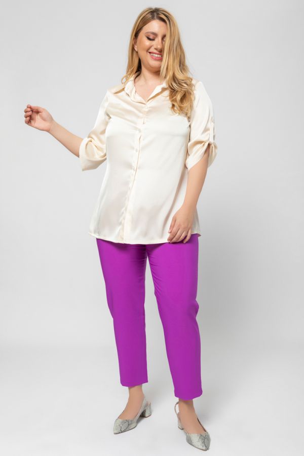 Σατέν πουκάμισο με κουμπί στο μανίκι σε εκρού χρώμα 1xl 2xl 3xl 4xl 5xl 