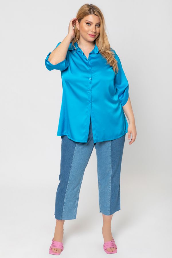 Σατέν πουκάμισο με κουμπί στο μανίκι σε γαλάζιο χρώμα 1xl 2xl 3xl 4xl 5xl 