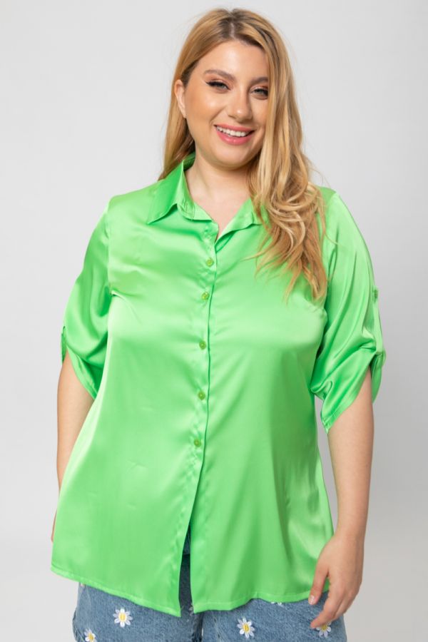 Σατέν πουκάμισο με κουμπί στο μανίκι σε λαχανί χρώμα