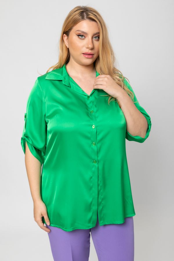 Σατέν πουκάμισο με κουμπί στο μανίκι σε πράσινο χρώμα 1xl 2xl 3xl 4xl 5xl 