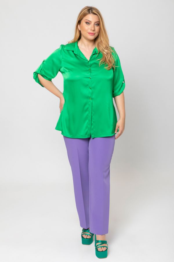 Σατέν πουκάμισο με κουμπί στο μανίκι σε πράσινο χρώμα 1xl 2xl 3xl 4xl 5xl 