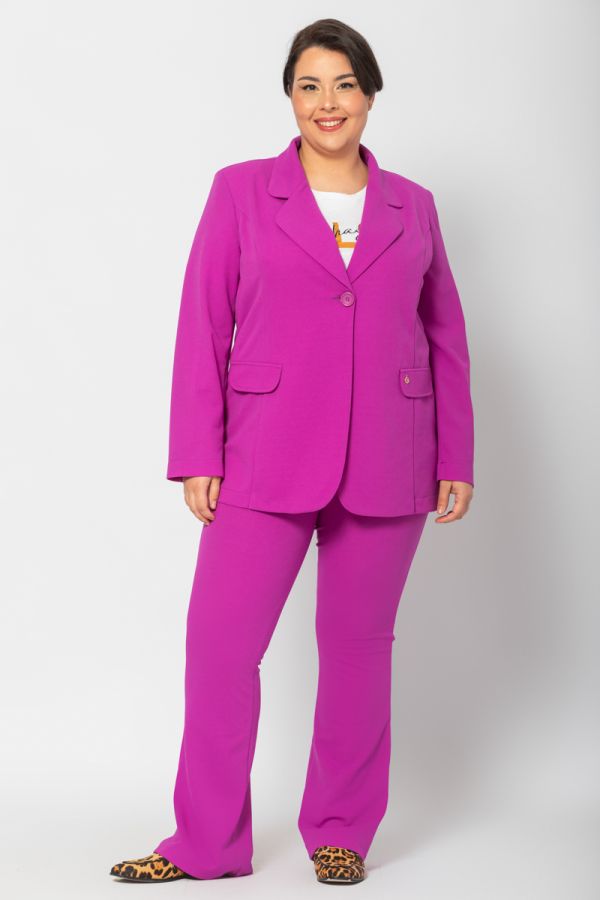 Σετ κοστούμι σακάκι μακρύ και παντελόνι καμπάνα σε μωβ χρώμα 1xl 2xl 3xl 4xl 5xl 