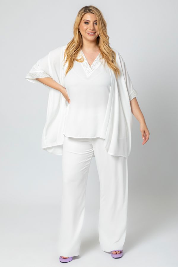 Σετ μπλούζα με κιμονό και παντελόνα σε λευκό χρώμα