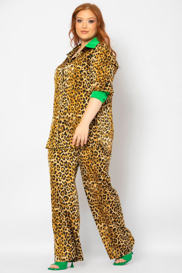 Σατέν leopard σετ πουκάμισο και παντελόνα σε πράσινο χρώμα 