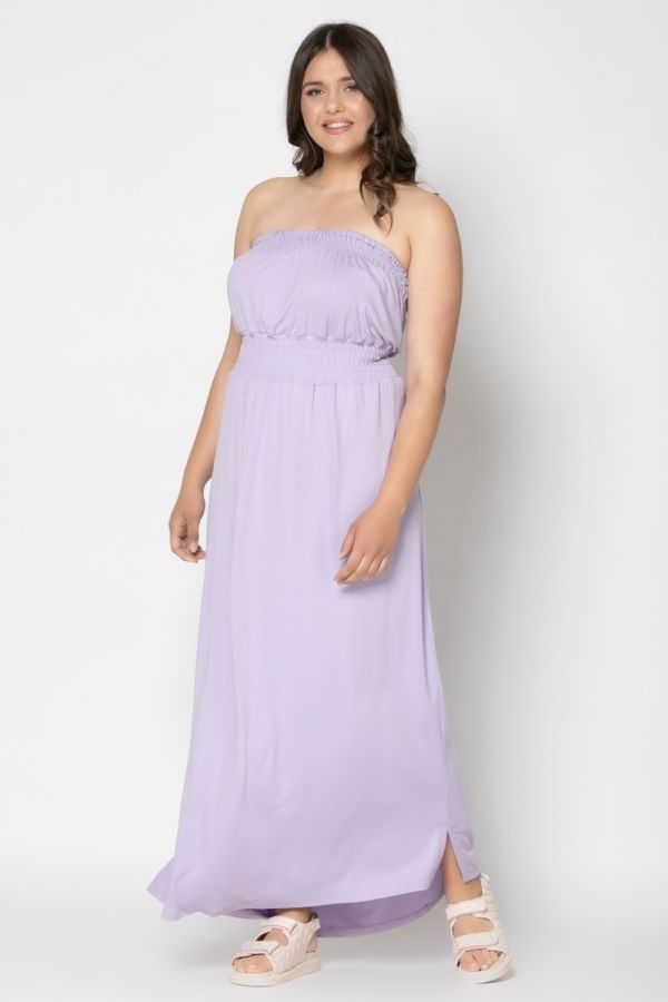 Strapless maxi φόρεμα με σφηκοφωλιά σε λιλά χρώμα
