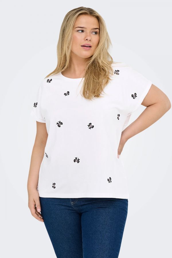 Τ-shirt με κέντημα φιόγκους σε λευκό/μαύρο χρώμα 