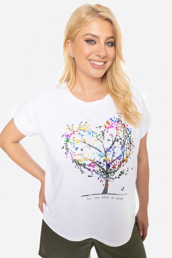 T-shirt με στρας και τύπωμα δέντρο σε λευκό χρώμα
