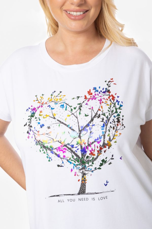 T-shirt με στρας και τύπωμα δέντρο σε λευκό χρώμα