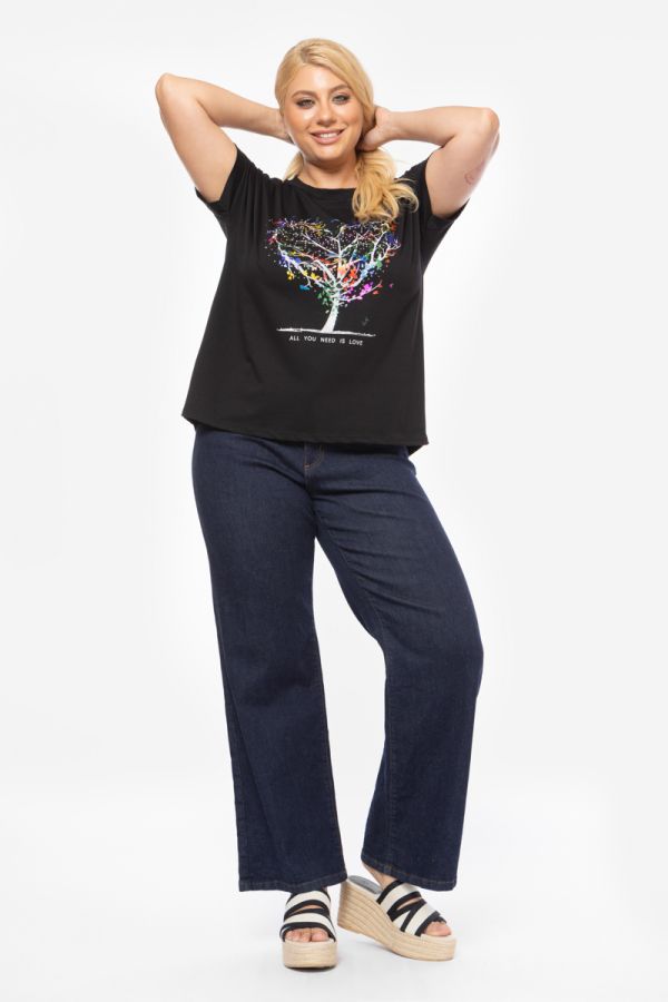 T-shirt με στρας και τύπωμα δέντρο σε μαύρο χρώμα