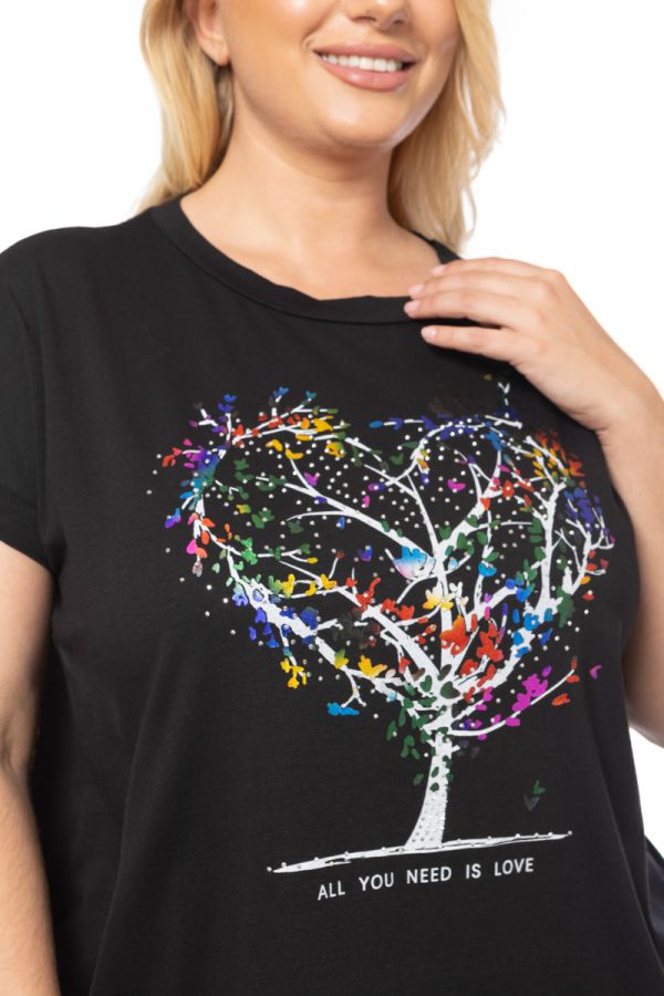 T-shirt με στρας και τύπωμα δέντρο σε μαύρο χρώμα