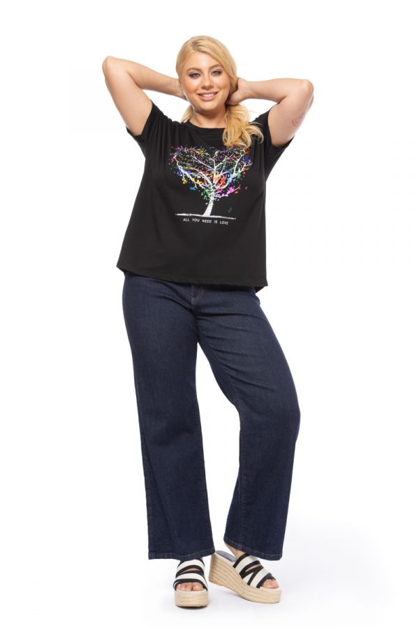 T-shirt με στρας και τύπωμα δέντρο σε μαύρο χρώμα
